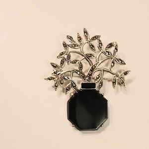 Sterling Silver Marcasite and Black Onyx Tree Brooch